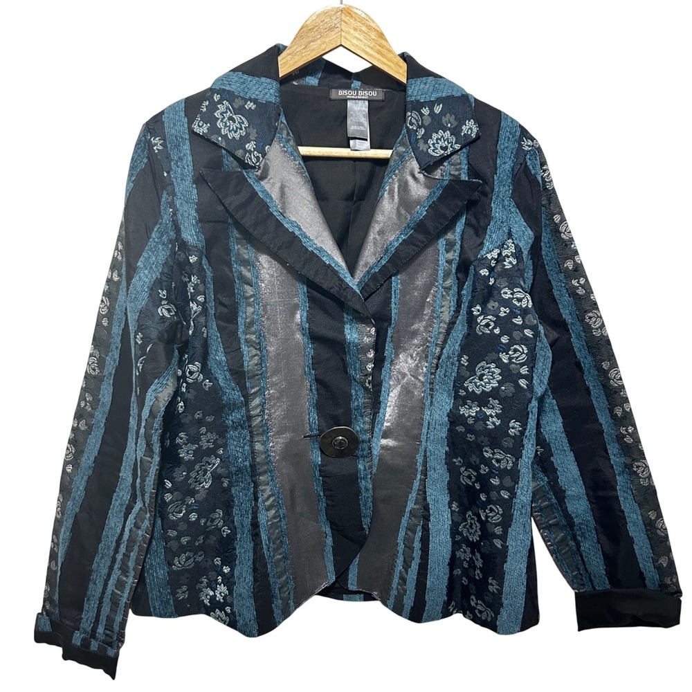 Bisou Bisou Womens 14 Black Blue Floral Jacquard Satin Trim Blazer Jacket Career